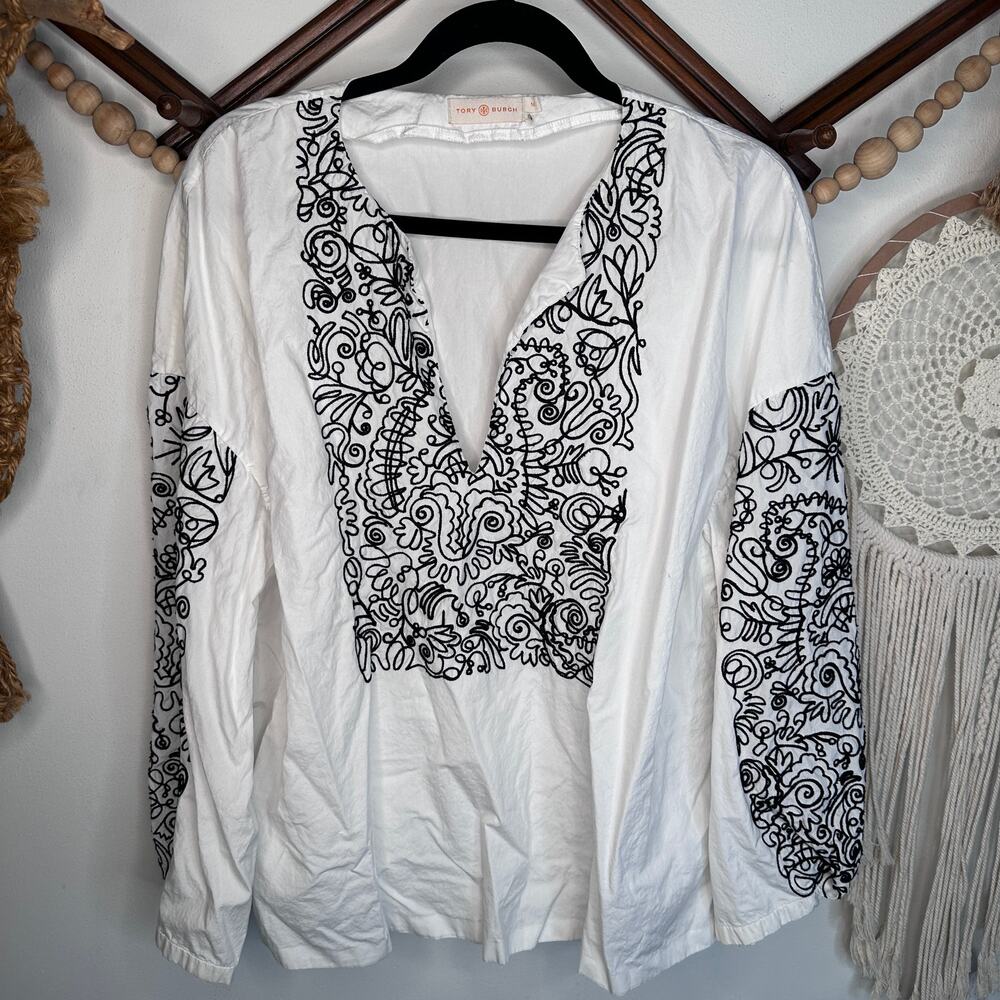 Tory Burch Cotton Poplin Embroidered Long Sleeve Top